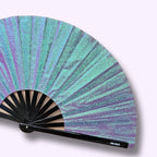 Éventail à paillettes violettes et turquoises 33cm