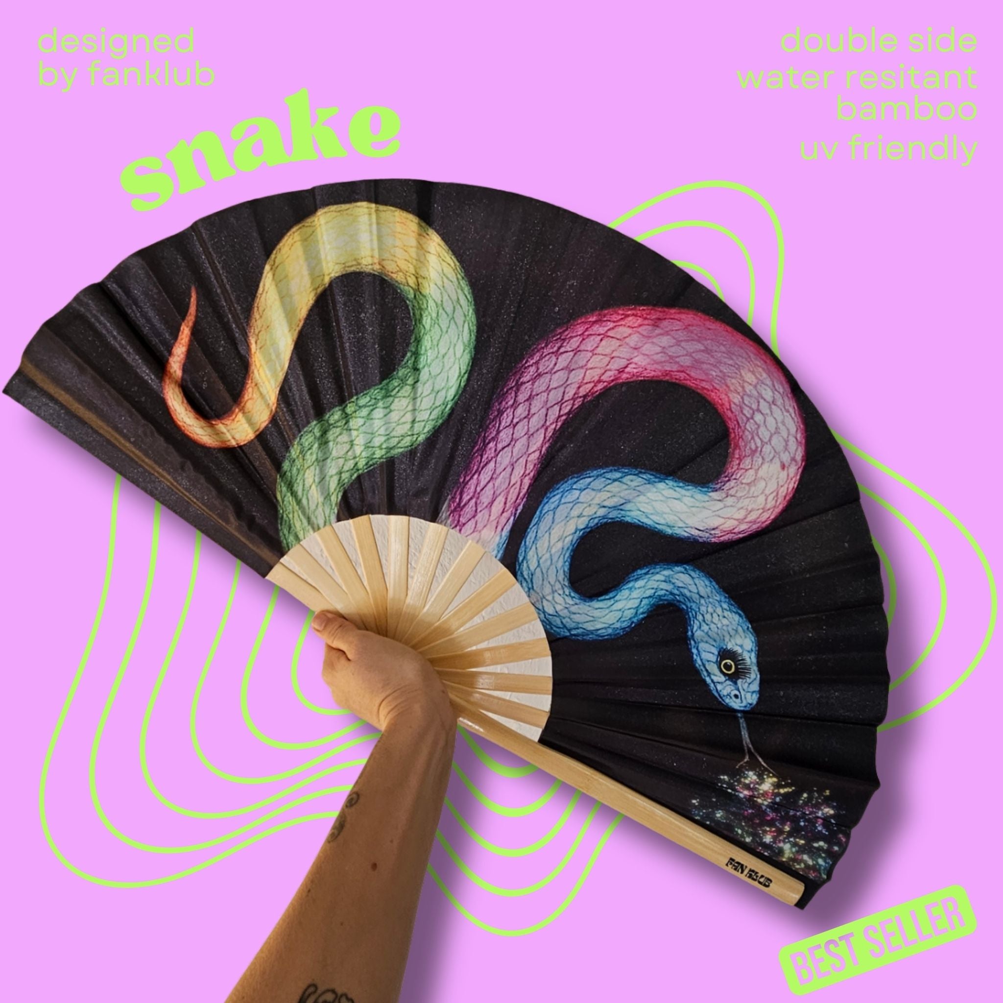 Éventail Snake UV double face 27cm