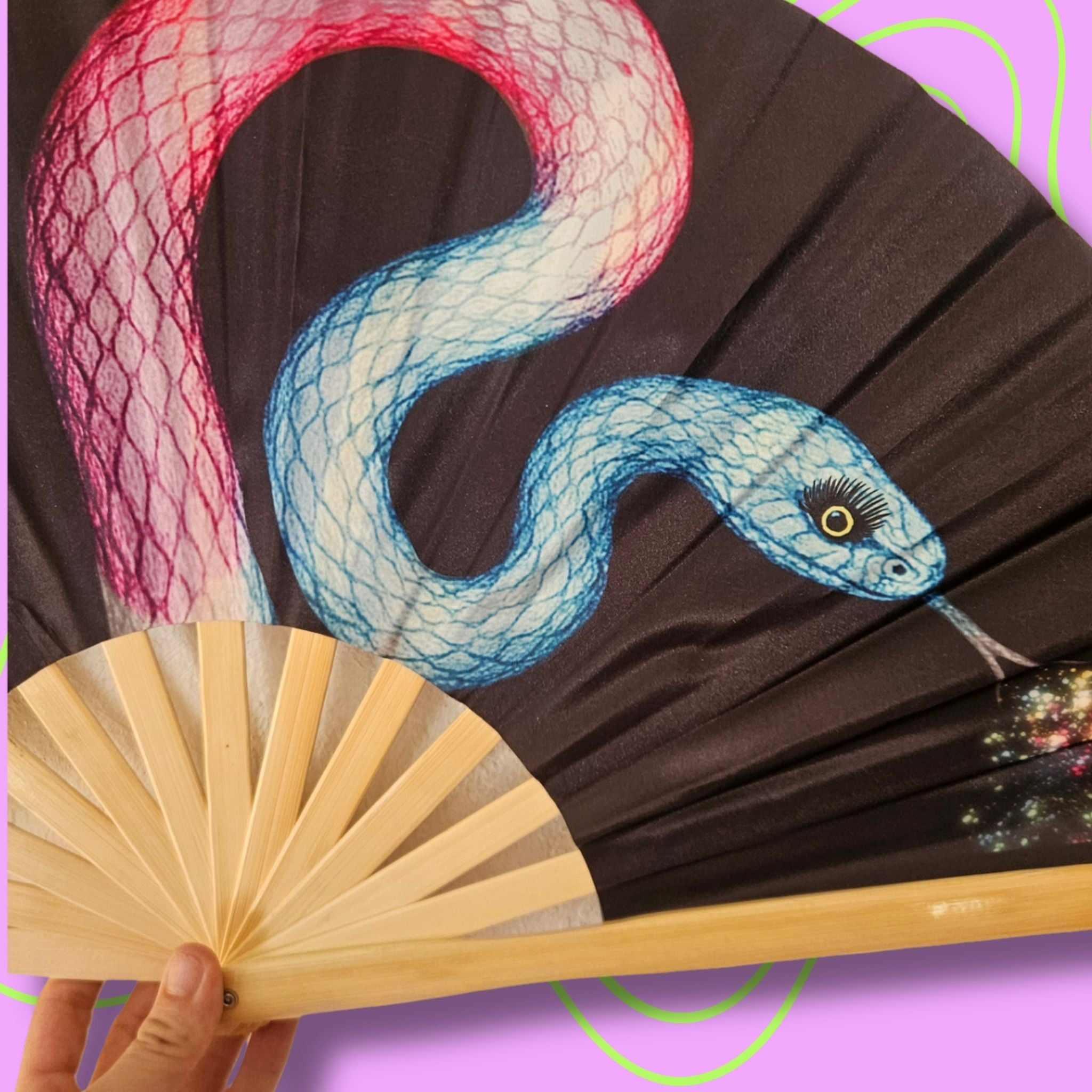 Éventail Snake UV double face 27cm