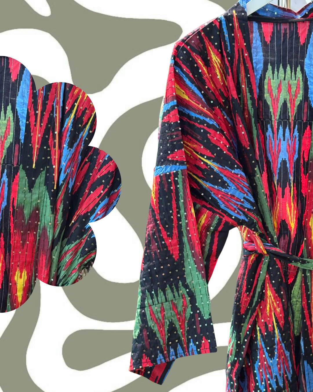 Kimono rouge bleu vert à sequins