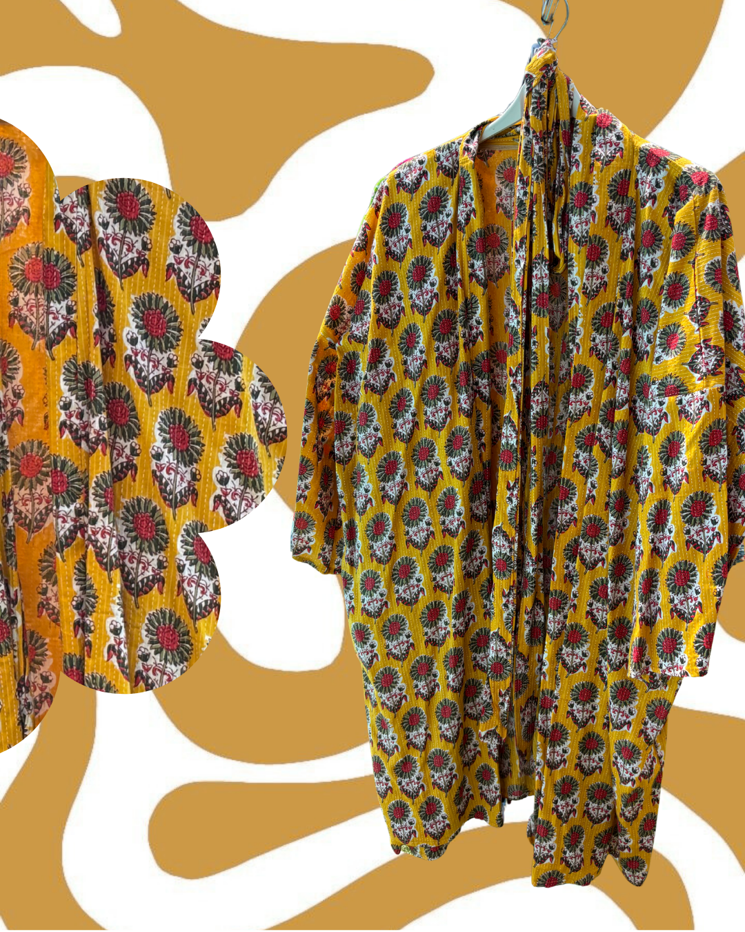 Kimono moutarde à motifs