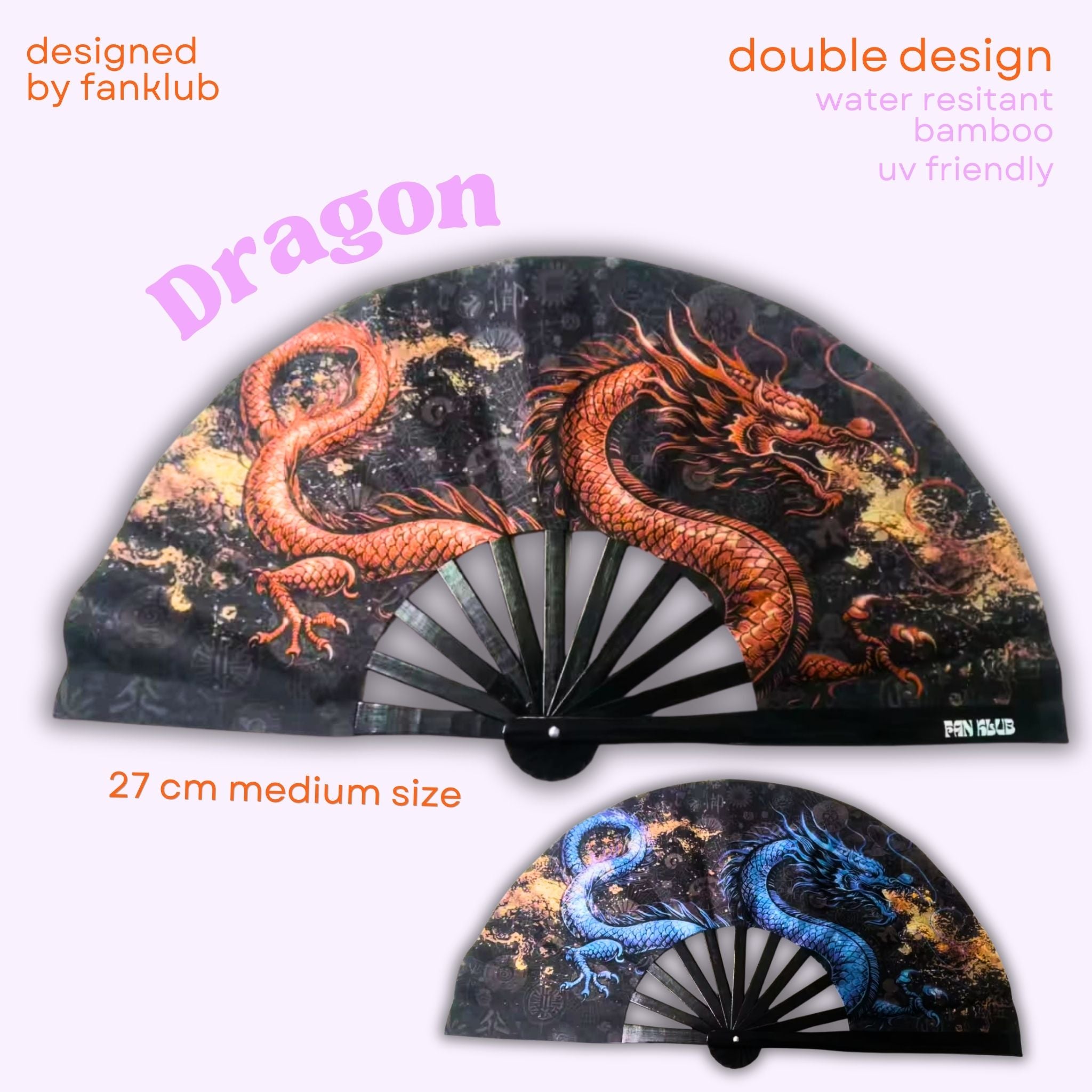 Éventail Dargon UV double face 27cm