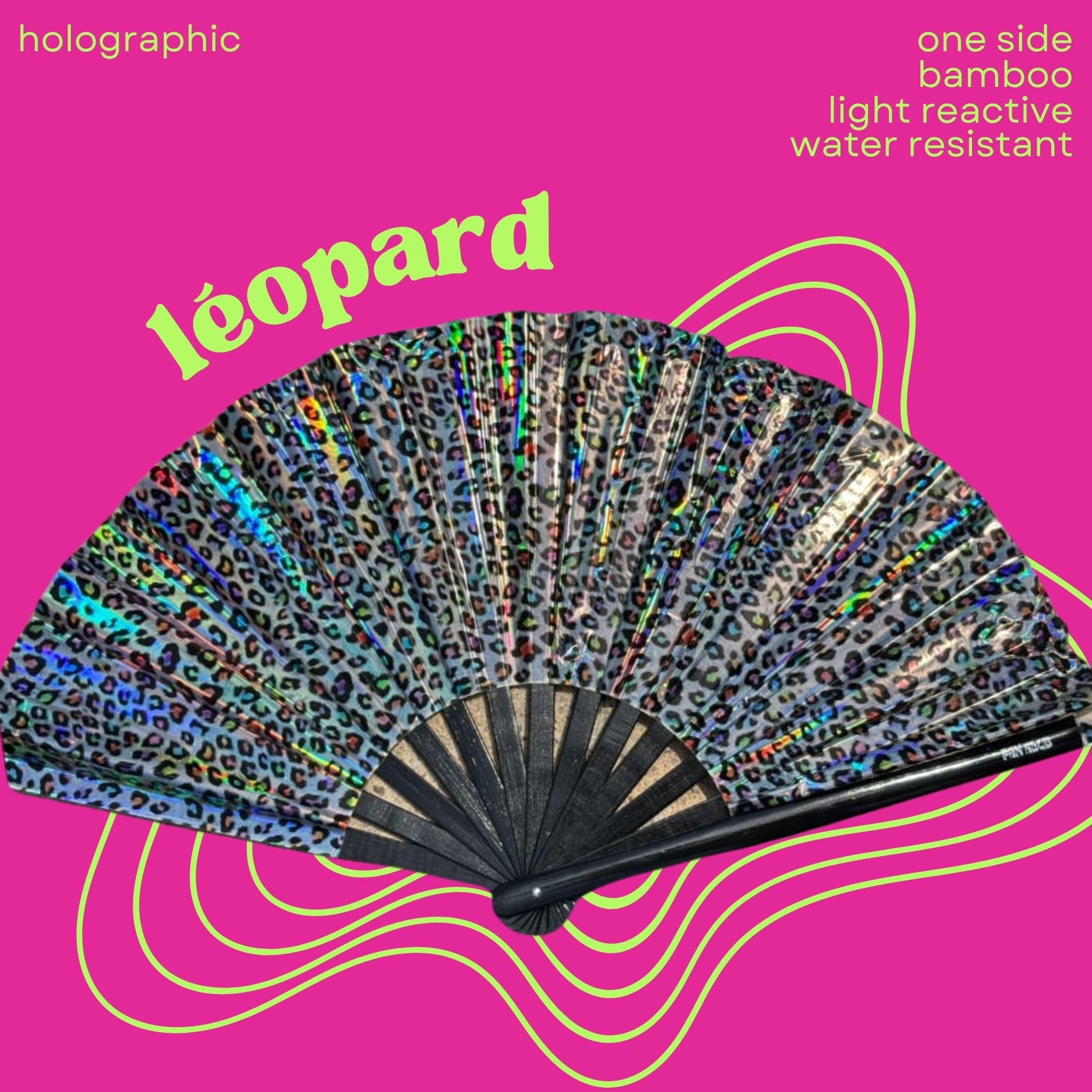 Éventail léopard holographique 33cm