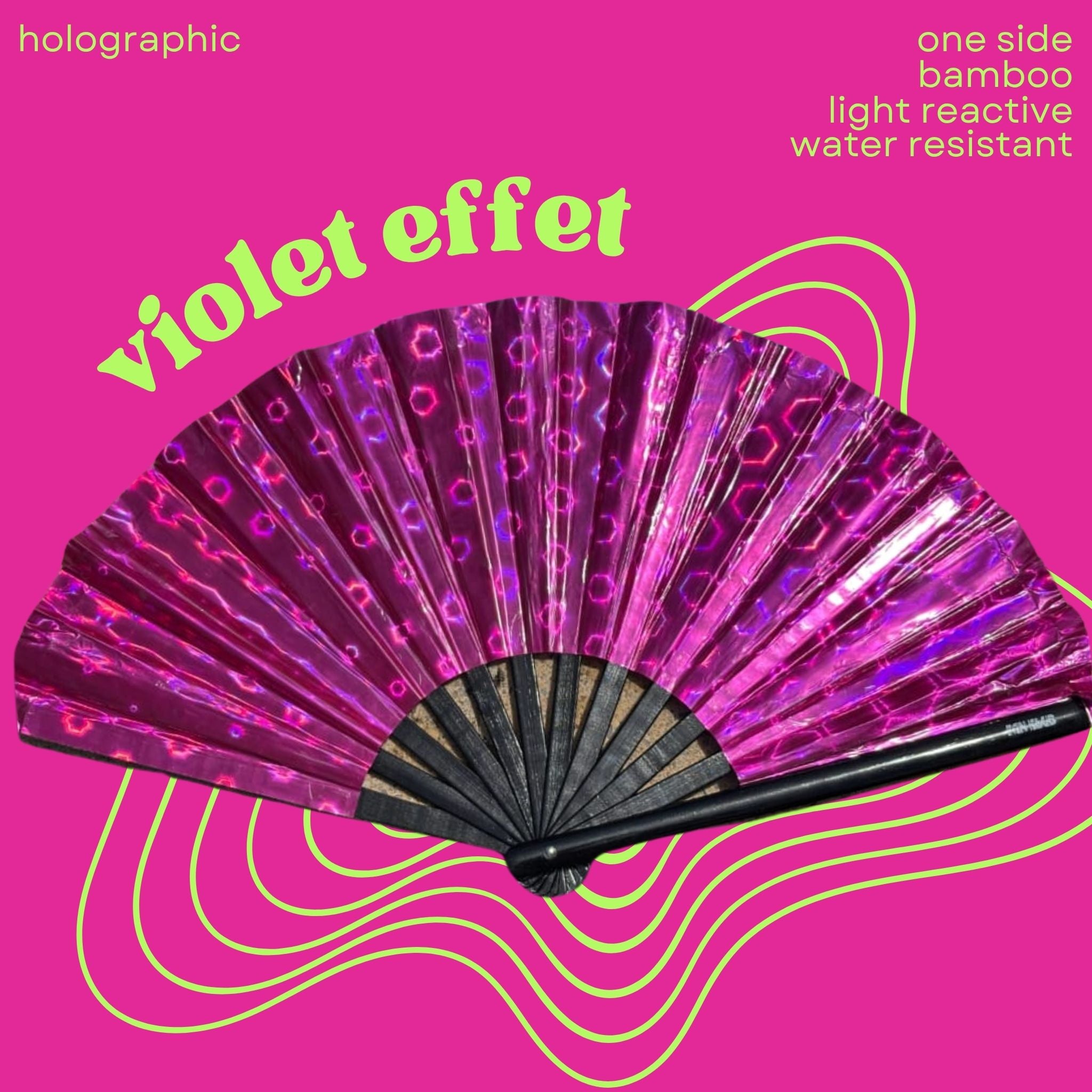 Éventail violet effet holographique 33cm